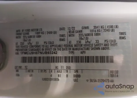 2022 Ford Escape Sel из США, поврежденный, VIN 1FMCU9H67NUB93242